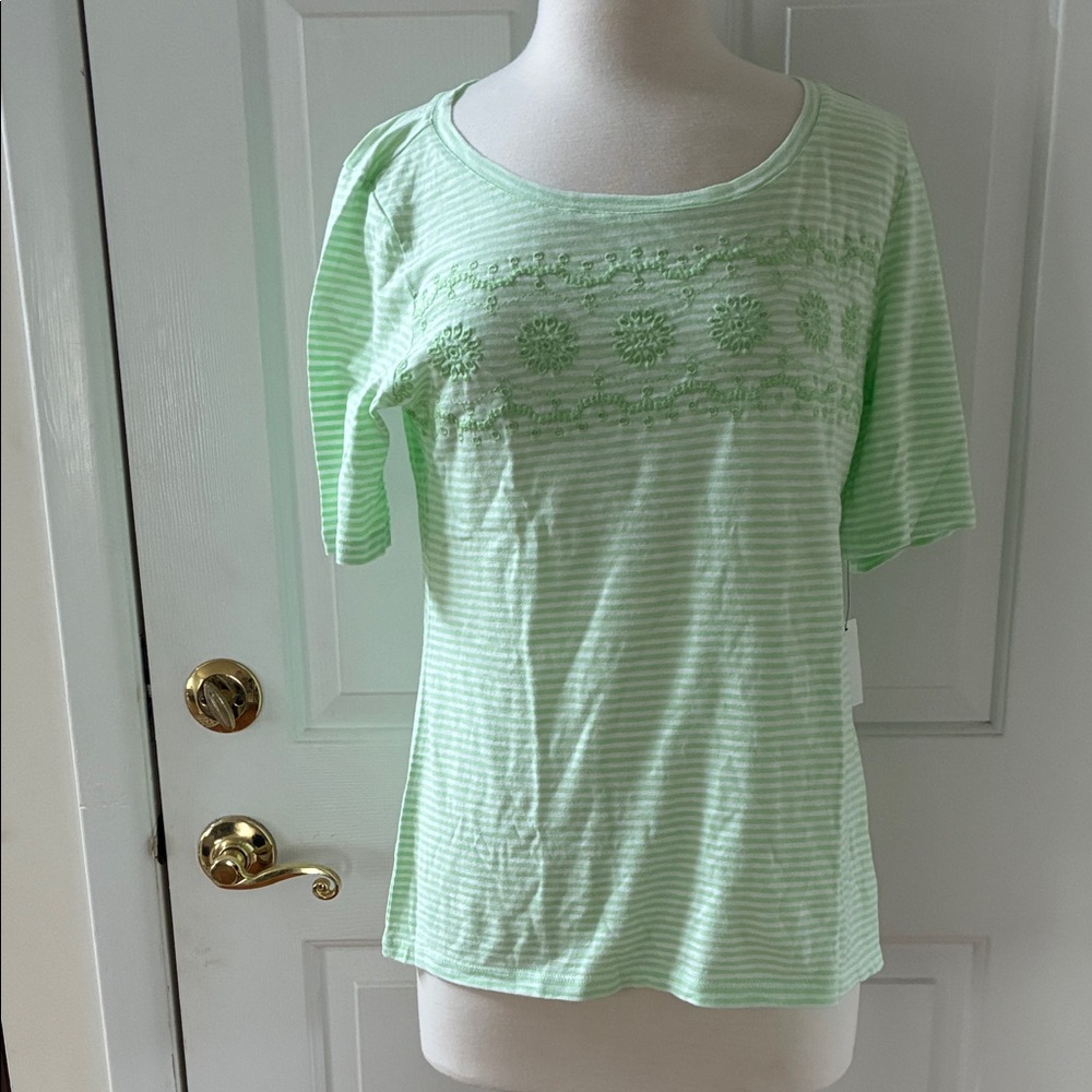 NWT Talbots light green embroidered S/S striped slub tee